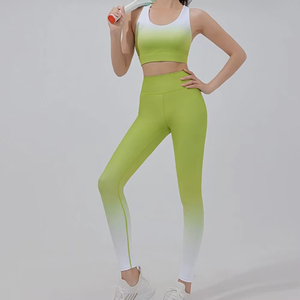 Gradient Color Yoga Set Women 2 Piece Seamless Crop Top High Waist Leggings Full Length Breathable Spandex Polyester - Product Image 1