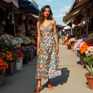 กระโปรงยาวถึงเข่าของผู้หญิงกระโปรงงานฝีมือยาวคลุมเข่าลายเรขาคณิตสีเทา Ikat สำหรับสวมใส่ในชีวิตประจำวัน - Product Image 3