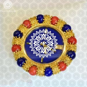 Charm Jewells Vintage Stainless Steel <b>Mechanical</b> Movement Auto Date Wall <b>Clock</b> Analog Dial Blue Face Red Blue Beads Gold Frame - Product Image 1