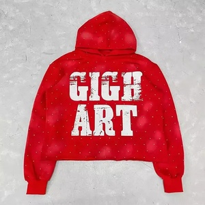 Sweat à capuche vintage 100 % coton pour homme, grande taille, coupe courte, ourlet brut, délavé à l'acide, imprimé personnalisé, effet soleil éclairé, avec strass, pour l'hiver - Product Image 4