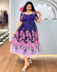 AARYA 2026 Nuevo Vestido Casual de Verano con Estampado Lindo y Moderno, Estilo Occidental, Holgado, Largo hasta la Rodilla, para Mujer, Tallas Grandes, Cuello Redondo, Tejido Mixto Chanderi - Product Image 1