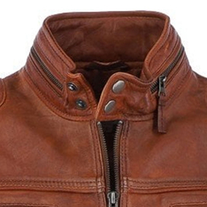 Chaqueta de Motociclista de Cuero Genuino Marrón para Hombre, Cuello Alto, Cierre de Cremallera, Corte Regular, Estilo Otoñal - Product Image 5