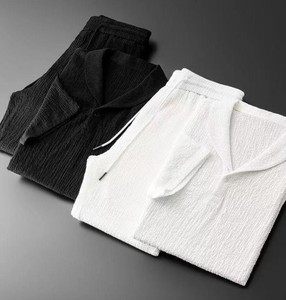 Men's Cotton <b>Waffle</b> Knit Short Sleeve <b>Shirt</b> & Shorts Set Solid Color Turn-down Collar Casual Summer Wear - Product Image 4