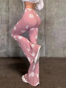 Pantalon évasé taille haute à imprimé céleste pour femme, legging de yoga à jambe large, motif soleil et lune sur toute la surface, extensible, coupe cloche - Product Image 3