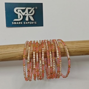 Luxury Peach Pink Stone Studded <b>Glass</b> <b>Bangles</b> Set Handmade Traditional Indian Bridal Wedding Jewelry for Women - Product Image 2