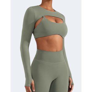 Camiseta de Yoga de Manga Larga Verde Oliva sin Costuras para Mujer, Cuello Redondo, Corte Entallado, Color Sólido, Ropa Deportiva - Product Image 1
