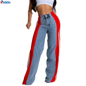 Pantalones Vaqueros con Rayas Laterales y Logotipo Personalizado para Mujer, Ropa de Moda, Pantalones de Pierna Ancha con Parches y Cintura Alta, Pantalones Rectos de Mezclilla - Product Image 1