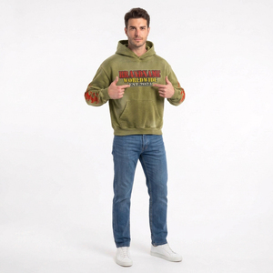 เสื้อฮู้ดดี้โอเวอร์ไซส์ผู้ชาย ผ้าฝ้ายเฟรนช์เทอร์รี่ สตรีทแวร์ ลายพิมพ์เปลวไฟ มีกระเป๋าหน้า โลโก้วินเทจ ซันเฟดวอช ฮู้ดดี้แบบมีหน้ากาก OEM - Product Image 4