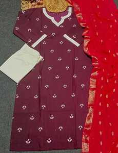 <b>Women</b> Blue Printed Cotton <b>Kurta</b> With White Pants And Red Dupatta Traditional Ethnic Set <b>for</b> Festive Party <b>for</b> <b>Women</b> Wear - Product Image 4