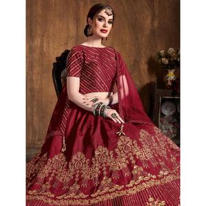 Adorable Lehenga Choli de seda de arte rojo con bordado para ropa de boda - Product Image 5