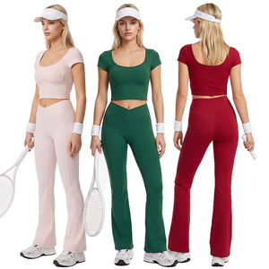 Women's FITCRAFT SPORTING 2 Piece Gym Set <b>Long</b> <b>Sleeve</b> <b>Crop</b> <b>Top</b> High Waist Flared Leggings Nylon Pull on Activewear - Product Image 1