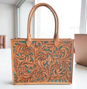 Sac fourre-tout en cuir artisanal pour femmes, sac à main en cuir véritable à motifs floraux avec poignée supérieure - Product Image 1