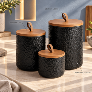 Three Piece Black Textured Ceramic <b>Canister</b> <b>Set</b> with Wooden Lids and Leather Loop Handles | Modern Kitchen Storage Jar Organizer - Product Image 4