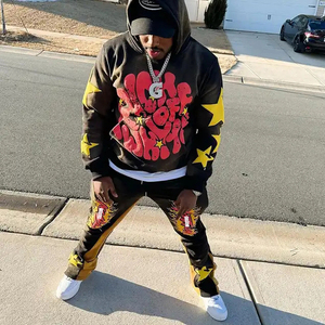 Fabricants de vêtements : Survêtements d'hiver pour hommes en coton, coupe évasée, style vintage délavé à l'acide et effet soleil, avec impression en relief - Product Image 4