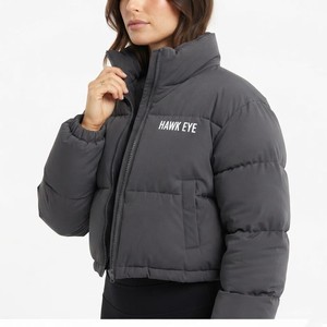 Chaqueta de invierno acolchada de mezclilla gris carbón para mujer, a la moda, cortavientos, impermeable, con cuello alto y cremallera completa - Product Image 2