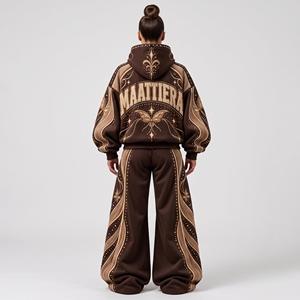 Ensemble de survêtement marron chocolat pour femme avec broderie dorée et strass, sweat à capuche oversize et pantalon de jogging large, streetwear de luxe personnalisé - Product Image 2