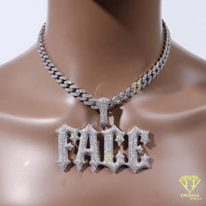 Luxury " FACE " Letter Necklace <b>Iced</b> <b>Out</b> Pendant With Cuban <b>Chain</b> Lab Grown Hip Hop Jewelry For Men Women - Product Image 3