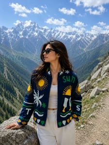 Hand Embroidered Navy Bomber Jacket With Sun Palm Tree Pattern Full Sleeve <b>Zipper</b> Closure Summer Women's Outerwear - Product Image 3