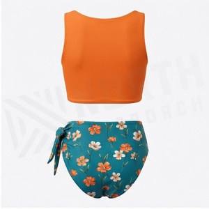 Women Floral Print 2 Piece <b>Bikini</b> <b>Set</b> <b>Orange</b> Crop Top Teal Tie Side Bottom Stretch Swimwear - Product Image 2