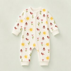Baby 100% Cotton Full Sleeve Romper | Sun Cottage Print Two Way Zip Soft Breathable Unisex Infant Sleepwear Newborn All Seasons - Product Image 1