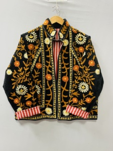 Suzani Fabric Velvet Bomber Jacket Floral Pattern Stand Collar Open <b>Stitch</b> Closure Handmade Embroidery Cotton Lining Party Wear - Product Image 2