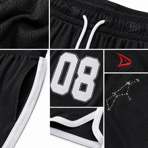 Shorts de basket-ball en maille Y2K pour hommes, shorts streetwear noirs amples avec motif 08 en strass, bordure blanche et cordon de serrage - Product Image 6