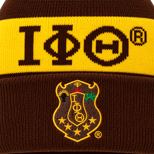 หมวกบีนนี่ถักไหมพรมสีน้ำตาลและสีทองสำหรับผู้ชาย ยี่ห้อ Iota-Phi-Theta พร้อมโลโก้ตราสัญลักษณ์สมาคมปักลาย  หมวกทรงสกัลแคปแบบพับขอบสำหรับฤดูหนาว อุ่นสบาย สไตล์กรีก - Product Image 6