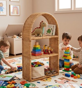 Organisateur de rangement pour chambre d'enfant en rotin style bohème avec design en arche, étagère de présentation pour jouets et décorations en osier pour chambre d'enfant et salle de jeux - Product Image 3