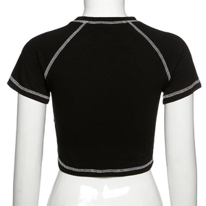 Summer Skinny Fit Short Sleeve Crop <b>Top</b> Solid Pattern Visible Stitching Knitted Fabric Anti-Pilling 92% Cotton 8% Spandex - Product Image 6