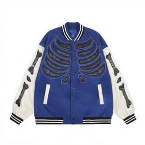 <b>Men</b> High Quality Skeleton Bone Applique Varsity <b>Jacket</b> <b>Leather</b> Sleeve Streetwear Hip Hop Vintage Bomber <b>Jacket</b> Unisex Coat - Product Image 1