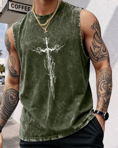 Men's Olive Green Sleeveless Tank Top with White Sword Print O-Neck Washed Cotton Summer Breathable Quick Dry Casual Wear - Product Image 1