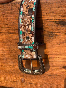เข็มขัดหนังแท้สำหรับผู้ชายและผู้หญิง, เข็มขัดลายดอกไม้ทำด้วยมือแบบตะวันตกเข็มขัดคาดเอวหนังแท้ - Product Image 5