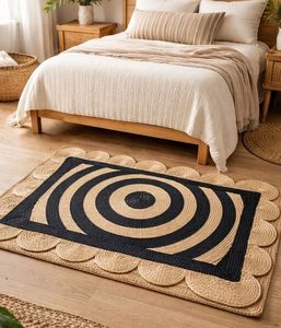 Alfombra redonda moderna de yute con borde negro de dos tonos, alfombra circular trenzada a mano estilo rústico para comedor - Product Image 5