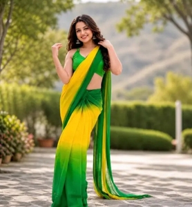 Sari de Rayón Verde y Amarillo Elegante KV con Blusa Sin Coser, Sin Arrugas, Reversible, para Otoño, Playa y Fiestas - Product Image 3