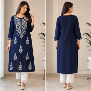 Dark Navy Blue Hand Embroidered Lucknowi <b>Chikankari</b> Straight <b>Kurti</b> Elegant Cotton Ethnic Tunic Top for Women - Product Image 4