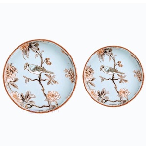 Plateau de service vintage en bois avec base à motifs émaillés pour servir le café - Product Image 3