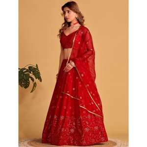 Spectacular <b>Red</b> <b>Sequins</b> Georgette Reception Wear Lehenga Choli - Product Image 3