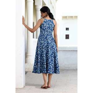 Vestido Midi sin Mangas con Estampado Azul para Mujer, Cuello en V, Algodón, Casual, Verano - Product Image 4