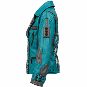 Türkisgraue Damen Echtleder Bikerjacke mit individuellem Schlangen-DJ-Print, asymmetrischem Reißverschluss, Nieten an Schulter und Ärmeln, Schnallenmantel - Product Image 4