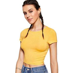Camiseta Corta Amarilla para Mujer, Cuello Redondo, Corte Regular, Color Sólido, Tejido Transpirable y Ecológico, Primavera - Product Image 2