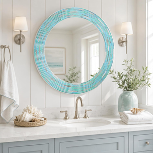 Espejo Redondo de Mosaico Turquesa Azul Aqua Hecho a Mano con Marco de Azulejos Geométricos de Vidrio, Espejo Decorativo Moderno para Sala de Estar - Product Image 4