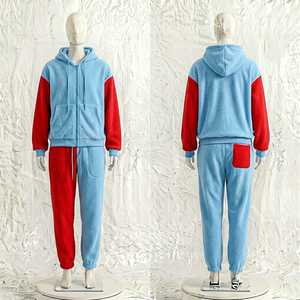 Ensemble de survêtement unisexe en polaire à blocs de couleur bleu et rouge, avec fermeture éclair intégrale, style décontracté hiver, vente en gros OEM - Product Image 1