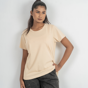 Women's Solid Color Short Sleeve Crew Neck T-<b>Shirt</b> Regular Fit Casual Style Beige Jersey Fabric Adult Plus Size 100% cotton BD - Product Image 2