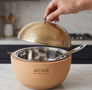 Casserole ronde en métal couleur or au design minimaliste avec couvercle, parfaite pour servir des plats chauds lors de mariages et de buffets. - Product Image 4