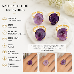 Natural Purple Druzy Agate Raw Gemstone <b>Adjustable</b> <b>Rings</b> Vintage Style Model 18k Gold Plated Brass Women Fashion Jewelry - Product Image 1