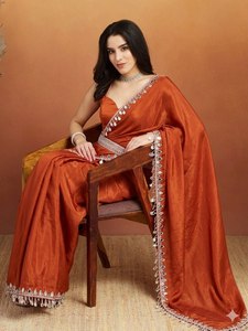 Elegant <b>Orange</b> Silk <b>Saree</b> For Women Floor-Length Wedding Wear India Pakistan Traditional Ethnic Dress All Seasons Regular Fit - Product Image 2