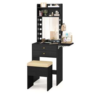 "Wooden Lighted <b>Makeup</b> Vanity Set with 3 Color LED <b>Mirrors</b> Charging Station Foldable Table Cushioned Stool" - Product Image 1
