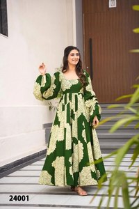 Robe Anarkali imprimée verte pour femme, longueur ras du sol, style traditionnel indien et pakistanais, en coton, décontractée, coupe ample - Product Image 3