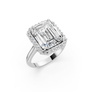 Luxury Rhodium Plated <b>Silver</b> <b>Emerald</b>-Cut Moissanite Engagement <b>Ring</b> with Baguette Accent Stones for Women - Product Image 1