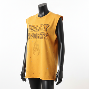 Camiseta sin mangas de algodón para mujer con estampado gráfico y logo de pedrería termoadhesiva, estilo largo. - Product Image 4